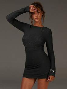 Athîral 女士纯色修身优雅时尚长袖迷你连衣裙 - 黑色 - 查看 5