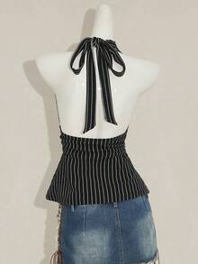 SHEIN ICON 女士吊带深V领收腰A字露背条纹吊带衫 - 黑色 - 查看 2