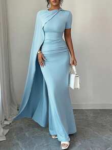 Elenzga Sukienka damska na wiosnę/lato, nowa, elegancka, minimalistyczny i wszechstronny fason rękawów w stylu bliskowschodnim, jasnoniebieska, z krótkim rękawem i ściągaczem w talii - Niebieski - Zobacz 7