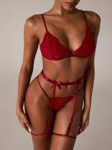SHEIN BAE 3pcs Lingerie Set (Wireless Bra + G-String + Garter Belt With Leg Strap) - Burgundy - View 8