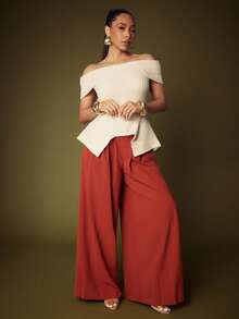 Vixey Fold Over Off Shoulder Asymmetrical Peplum Hem Sweater Top - Apricot - View 3