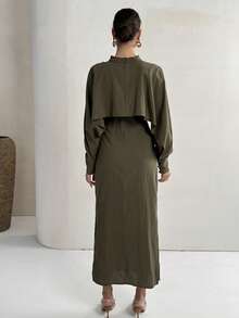 Yasmyna Women's Solid Mandarin Collar Batwing Sleeve Cropped Shirt And Floral Embroidered Mesh Arabic Maxi Dress Elegant Set - Green - View 8