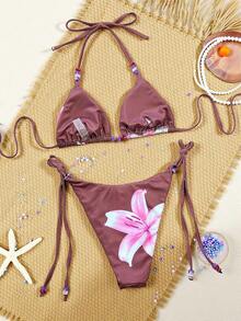 Swim SXY 花卉印花系带前开式串珠露背比基尼套装 - 彩色 - 查看 2
