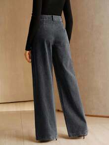 Anewsta Asymmetrical Design Women's Loose Fit Pockets Wide Leg Jeans - Grey - View 2