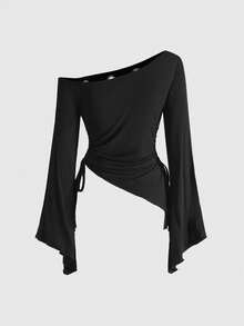 ROMWE Avant 复古不对称肩部收腰喇叭袖镂空休闲蝙蝠袖女式加大码T恤 - 黑色 - 查看 3