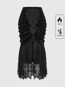 ROMWE EDITION Váy cỡ lớn dành cho nữ, kiểu dáng cổ điển Gothic lãng mạn, chất liệu nhung và ren tương phản. - màu đen - Xem 3