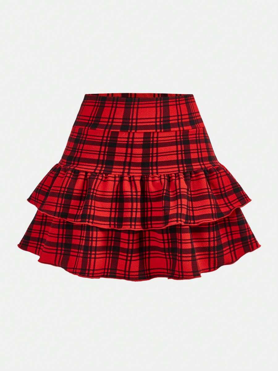 SHEIN Tween Girl Casual Minimalist Comfortable Mid-Waist Ruffle Plaid Mini Skirt - Red - View 1