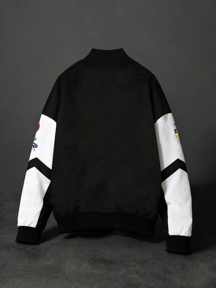 Racing Varsity Jacket With Logo Graphics And Motorsport Team Patches, Sumwon Jacket, Men Streetwear Zip Up, Streetwear Jacket, Men Graphic Jacket