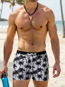 Manfinity Swimmode Men's Tropical Coconut Tree Print Drawstring Waist Casual Beach/Pool Swim Trunks  Men Swim Trunks Board Shorts With Compression Liner Bathing Suit Quick Dry  ,Hawaiian - Black and White - View 4