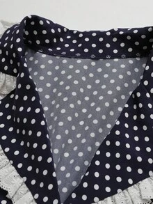 Sweetra Fashionable French Vacation Polka Dot V-Neck Short Sleeve Waist Cinched Dress - Navy Blue - View 3