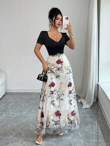 SHEIN Elenzya 优雅网纱撞色连衣裙，夏季刺绣网纱连衣裙，女士长裙，夏季吊带连衣裙，女士春季连衣裙，女士度假连衣裙，也适合作为婚礼宾客礼服、优雅连衣裙或乡村音乐会服装。通勤休闲返校季教师工作连衣裙 - 彩色 - 查看 3