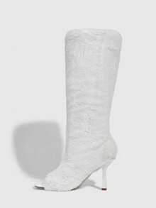 CUCCOO SZL 女士时尚毛绒露趾高跟过膝长靴 情人节 - 白色 - 查看 5