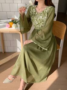 DAZY 女士优雅拼接喇叭袖连衣裙，春夏复活节吊带裙 - 綠色 - 查看 1