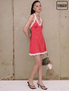 COUREZ Polka Dot Lace V Neck Halter Mini Dress Summer Outfits For Women Y2K Vintage - Orange - View 1