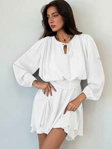 Aloruh Váy mini tay dài buộc dây viền bèo nhún màu tím mận lãng mạn cho ngày hẹn hò/lễ hội âm nhạc dành cho nữ - trắng - Xem 6