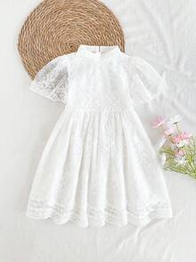 Vintaside Kids 女童纯色极简蕾丝短袖连衣裙 - 白色 - 查看 3