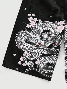 ROMWE MEN Anime Quần short denim nam in hình rồng, kiểu dáng thường ngày, thích hợp cho mùa hè. - màu đen - Xem 2