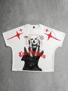 ROMWE MEN Men's Loose Anime Character Print Short Sleeve T-Shirt - White - View 1