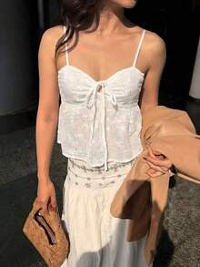 Cévolie 甜辣白色抹胸上衣，蝴蝶结镂空蕾丝刺绣短款 - 白色 - 查看 3