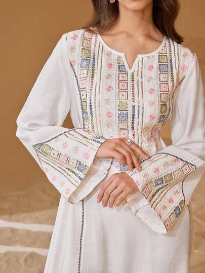 Al Najma Colorful Embroidered & Sequin Decor Flared Hem Arabic Style Dress With Round Neck & Bell Sleeves Embroidered Dresses For Women , Modest Full Length Jalabiya For Evening Party