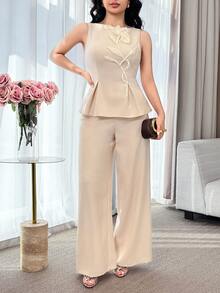 Feyla 女士纯色3D立体花卉装饰无袖上衣和阔腿裤优雅两件套 - 杏色 - 查看 4