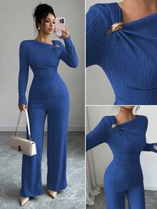 Elenzga 女士优雅不对称领口3D玫瑰金纽扣装饰长袖T恤+裤子两件套 - 寶藍色 - 查看 1