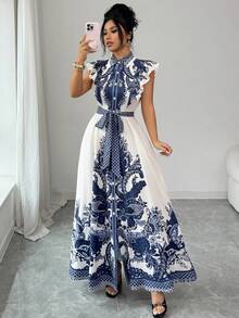 Elenzga Đầm maxi dáng chữ A thanh lịch cổ điển dành cho nữ, viền bèo nhún, thắt eo, họa tiết in, thích hợp cho mùa xuân/hè. - Xanh và trắng - Xem 1