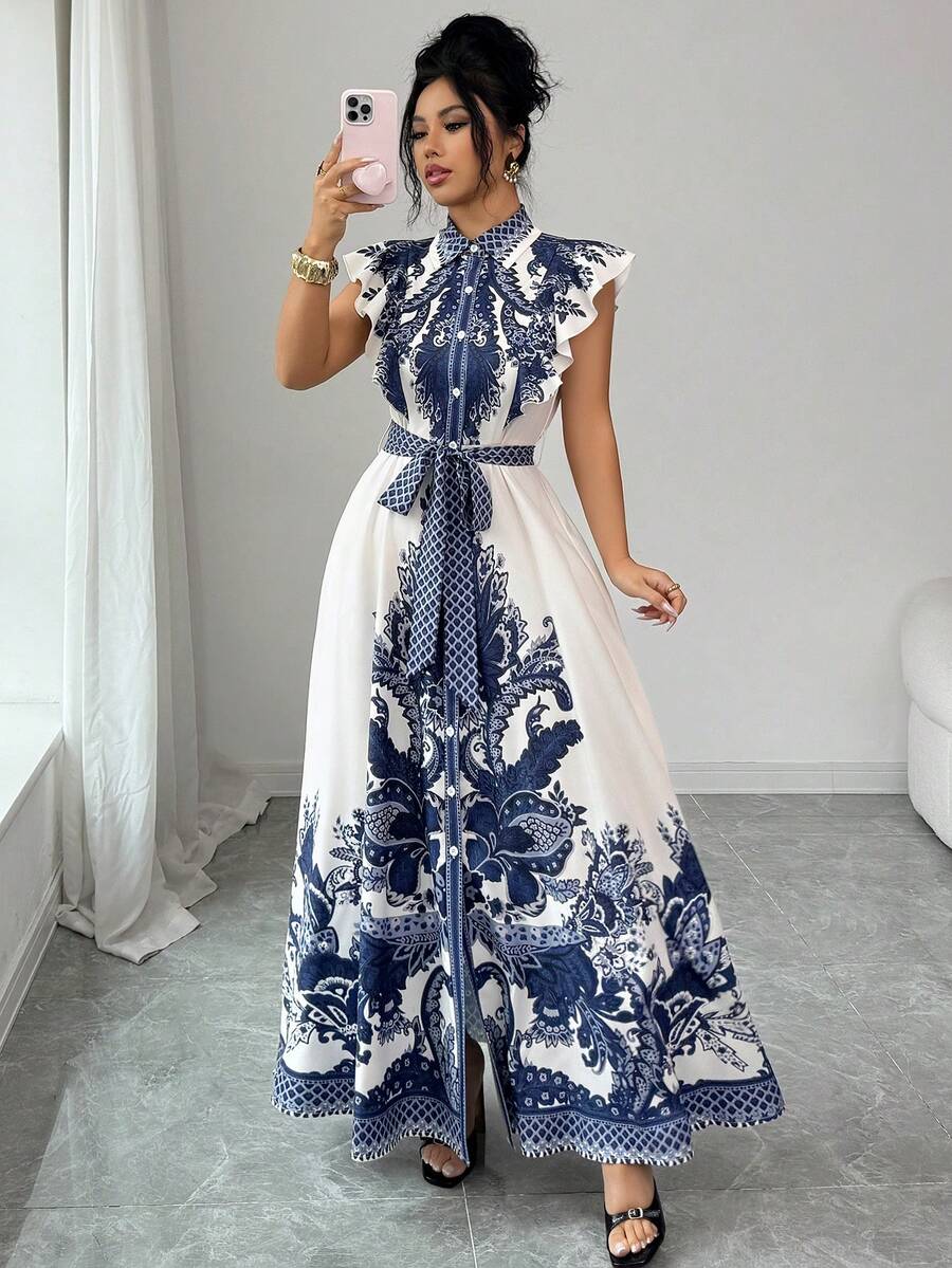 Elenzga Đầm maxi dáng chữ A thanh lịch cổ điển dành cho nữ, viền bèo nhún, thắt eo, họa tiết in, thích hợp cho mùa xuân/hè. - Xanh và trắng - Xem 1