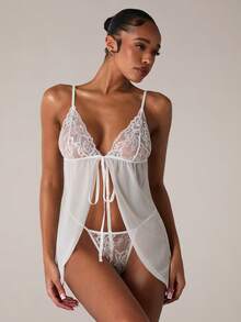 SHEIN BAE 2pcs Women's Sexy Lace Camisole Bra Set (Wireless, Thong) - White - View 9