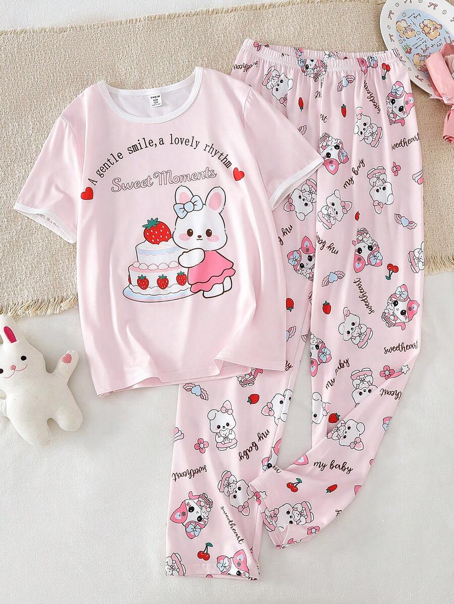 Conjunto de pijama de 2 piezas para niñas con parte superior de manga corta y cuello redondo con estampado de conejo y pantalones completos con estampado de conejo - Rosa Pálido - Ver 1