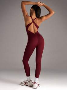 SHEIN BAE 1 pieza Vestido deportivo de mujer de unicolor con espalda descubierta, corte cruzado, sin mangas, ajuste ceñido, para Año Nuevo Chino - Burdeos - Ver 6