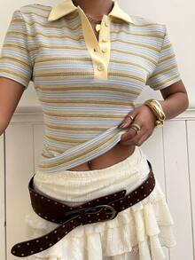 Muchica Women's Spring/Summer New Knitted Striped Polo Collar Slim Fit Short Sleeve T-Shirt - Multicolor - View 5