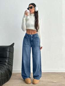 SHEIN PETITE HIGH RISE WIDELEG Y2K STYLE JEAN PETITE - Light Wash - View 3