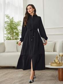 Al Najma Women's Casual Black Cinched Waist Stand Collar Zipper Abaya - Black - View 5
