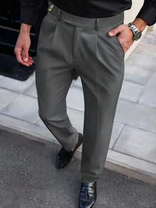 Manfinity Bizformal 男士纯色褶裥口袋直筒商务休闲裤 - 深灰色 - 查看 3