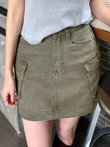 DAZY Chân váy ngắn denim tiện dụng, tôn dáng cho phụ nữ - màu xanh lá - Xem 1