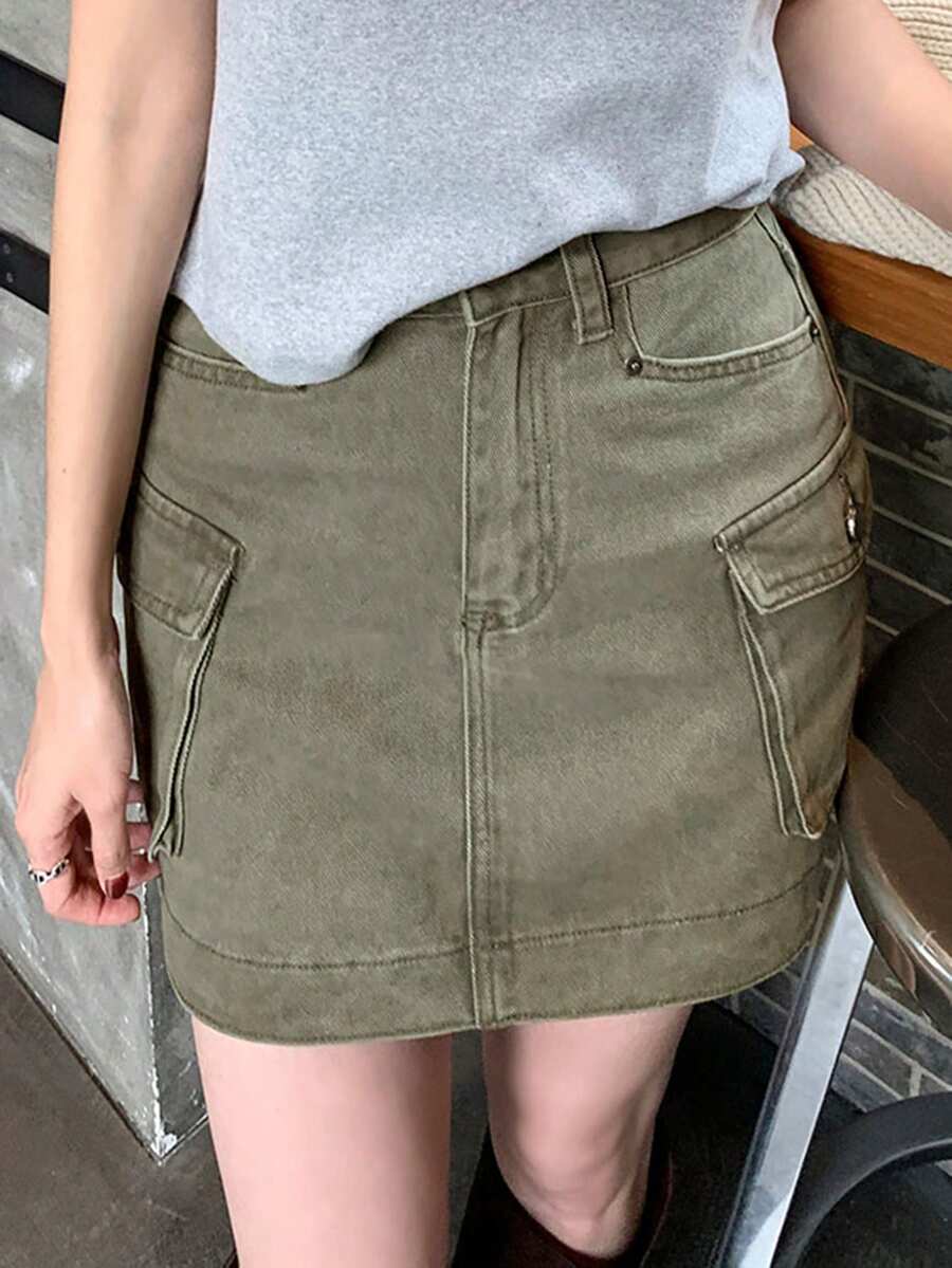 DAZY Chân váy ngắn denim tiện dụng, tôn dáng cho phụ nữ - màu xanh lá - Xem 1