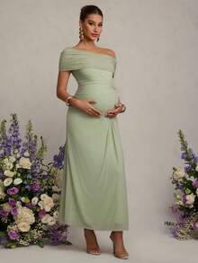 MaterniChic Maternity Clothes Maternity  Dress Summer Pregnant Clothes Green Maternity Dress, High-Elasticity, Off-Shoulder, Gathered, Long Dress, Comfortable And Elegant For Valentine's Day - Green - View 6