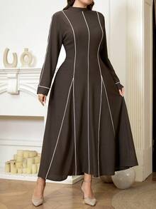 Veilorie Damen Lässig Kleid in Große Größen mit Stehkragen, Langarm und Taillenzug - Kaffeebraun - Übersicht 2