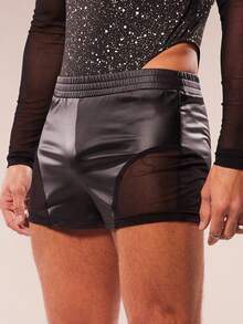 FeverCity 男士弹力腰带网眼和PU皮革拼接休闲百搭短裤