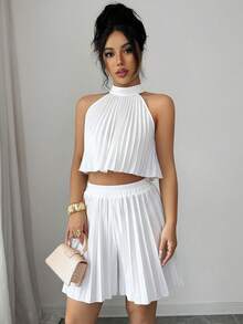 SHEIN Elenzya Bộ áo croptop và quần short không tay xếp ly dành cho nữ, phong cách tối giản, thích hợp cho kỳ nghỉ, đi làm, các dịp thường ngày hoặc trang trọng, mùa xuân/hè. - Màu be - Xem 3