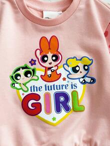 THE POWERPUFF GIRLS X SHEIN 女婴休闲日常通勤可爱卡通爱心标语印花宽松圆领卫衣和喇叭裤套装，春秋季
