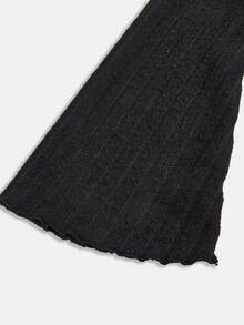 Girlism 少女黑色抽绳不对称下摆喇叭袖T恤，舒适秋季T恤 - 黑色 - 查看 4