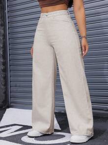 SHEIN ICON Quần jeans ống rộng màu trơn, dáng rộng, đa năng, cỡ lớn, phong cách thường ngày. - Màu be - Xem 3