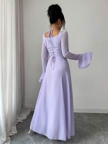 Modelyn 1件女士优雅精致时尚喇叭袖方领藏蓝色连衣裙长款女装 - 紫色 - 查看 2