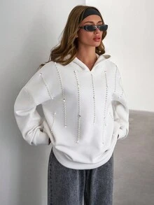 SHEIN Sudadera con capucha de forro polar con decoración de perlas falsas y rhinestones, unicolor, para uso diario y casual de mujer, otoño/invierno - Blanco - Ver 5