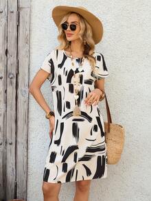 EMERY ROSE 女士印花圆领短袖休闲迷你连衣裙 - 彩色 - 查看 4