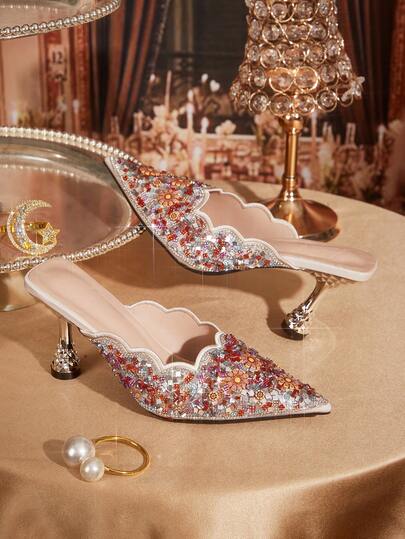 CUCCOO TILAWA أحذية كعب عالي مدبب الأصبع مرصعة بالراين للنساء للحفلات