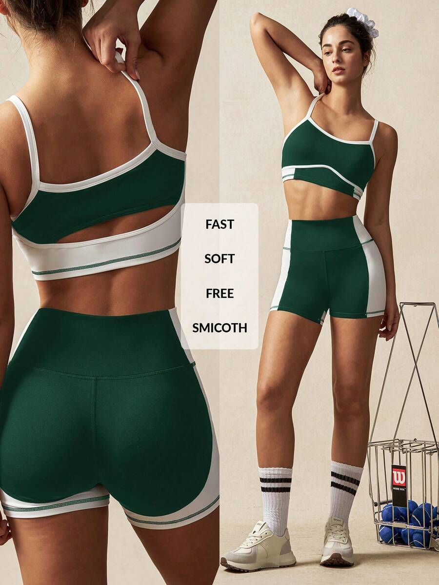 VARSIVA Blue And White Contrasting Patchwork Strips Hollow High Waist Women Sports Sets 2 Piece Short Sets Woman Sports Bra And Shorts Set Two Piece Set Women Workout - Green - View 1