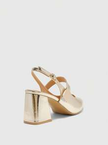 CUCCOO BIZCHIC Women's Fashion Apricot Color Metal Buckle Decor Chunky Heels Pumps, Classic Minimalist Design For Commuting, Dating, Party, Holiday, Wedding Valentine's Day Spring Shoes - Gold - View 9